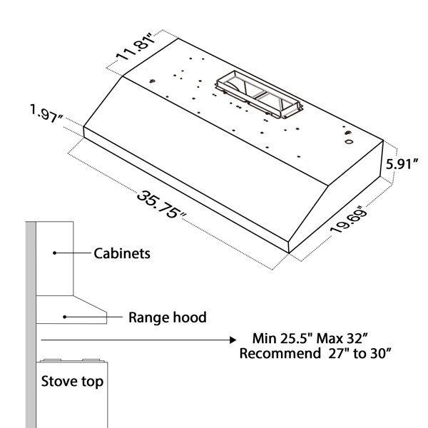 HisoHu 36" 900 CFM Ducted Under Range Hood in Stainless Steel